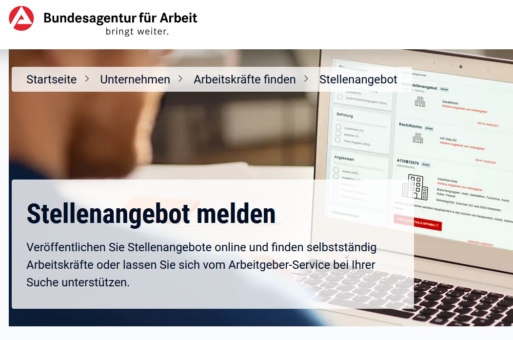 Ein Screenshot der Internetseite der Agentur für Arbeit