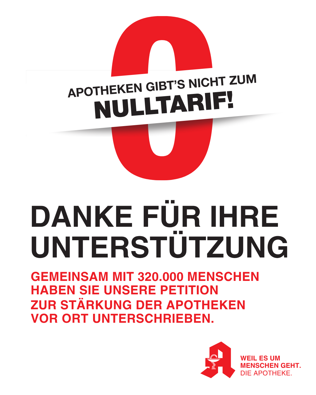 Plakat mit einer großen roten Null auf hellgrauem Hintergrund. Darüber steht auf einem schrägen weißen Banner: „Apotheken gibt's nicht zum Nulltarif!“. Darunter in großer schwarzer Schrift: „Danke für Ihre Unterstützung“. In roter Schrift folgt: „Gemeinsam mit 320.000 Menschen haben Sie unsere Petition zur Stärkung der Apotheken vor Ort unterschrieben.“ Unten rechts befinden sich das Apotheken-A-Logo und der Slogan: „Weil es um Menschen geht. Die Apotheke.“