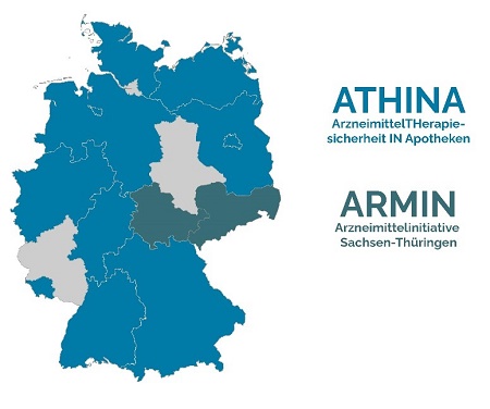 Zu sehen ist eine Landkarte mit Bundesländern bzw. Kammergebieten, in denen ATHINA etabliert ist.