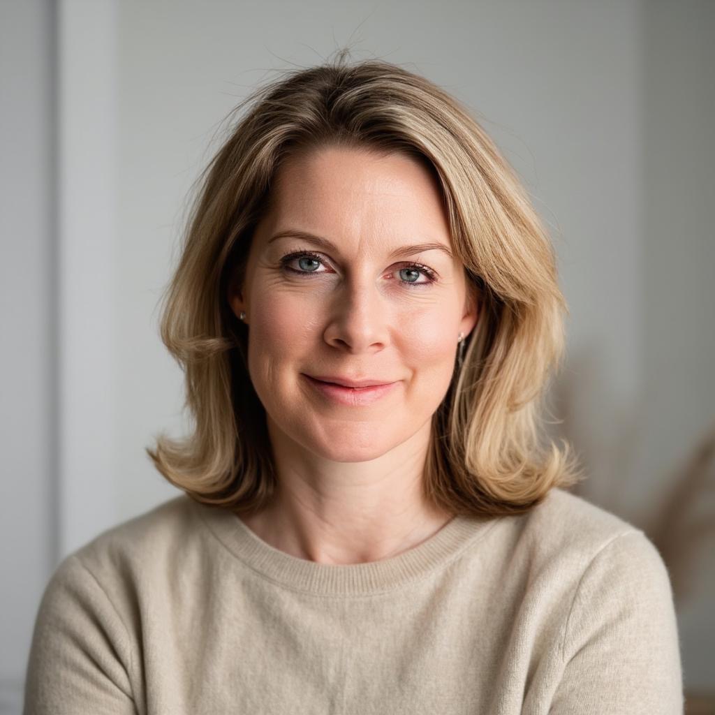 Porträt vom Angelika Woeppel. Sie hat schulterlanges, hellbraunes Haar. Woeppel blickt frontal in die Kamera, trägt einen beigen Pullover und befindet sich in einem hellen Innenraum mit neutralem Hintergrund.