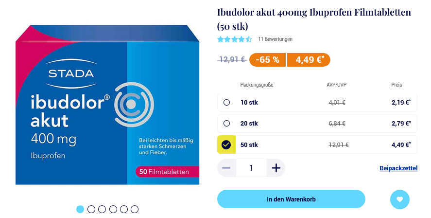 Produktdarstellung von Ibuprofen-Tabletten ‚Ibudolor akut 400 mg‘ der Marke STADA in einer blau-rot gestalteten Verpackung. Rechts daneben Preisangaben mit Rabatt: 50 Stück für 4,49 € statt 12,91 €, sowie Auswahloptionen für 10, 20 oder 50 Stück. Darunter ein blauer Button ‚In den Warenkorb‘.