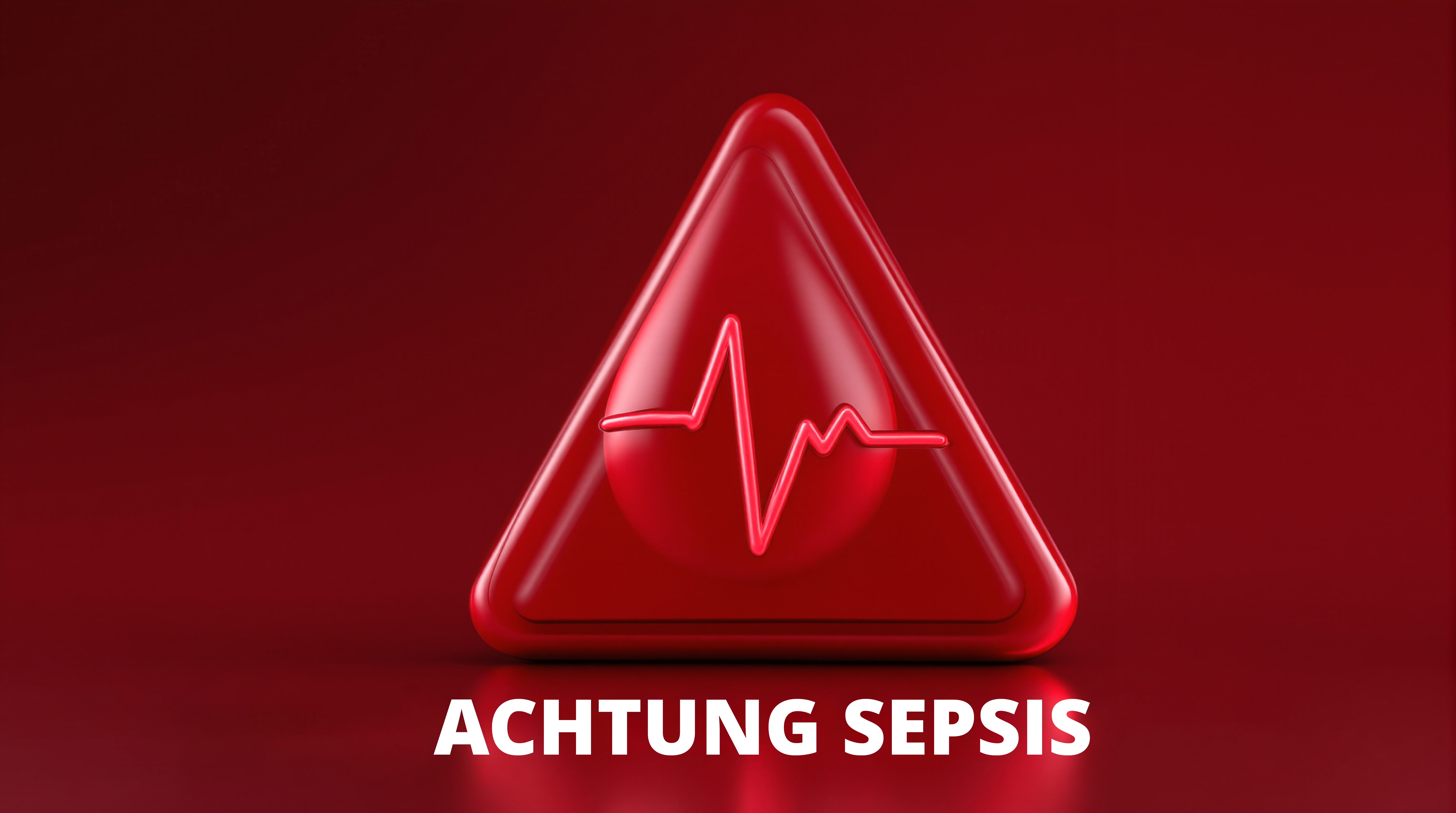 Rotes Warnsymbol mit Blutstropfen und Herzschlaglinie sowie dem Schriftzug „ACHTUNG SEPSIS“.