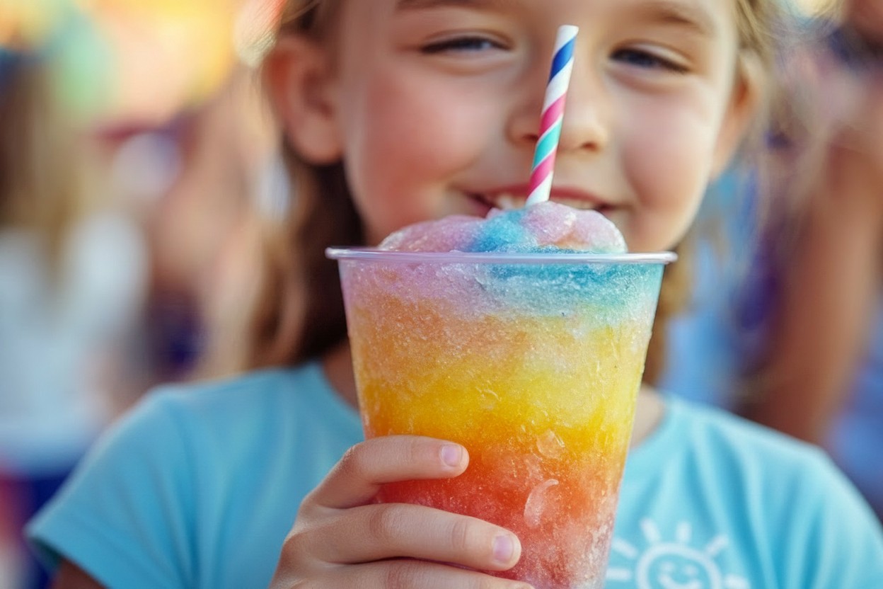 Eine Person hält einen transparenten Becher mit bunt geschichtetem Slush-Eis in den Farben Rot, Orange, Gelb, Blau und Violett. Ein gestreifter Trinkhalm steckt im Eis. Das Gesicht der Person ist unscharf im Hintergrund zu sehen, während der Becher im Vordergrund scharf fokussiert ist. Der Hintergrund zeigt eine helle, farbenfrohe Umgebung mit verschwommenen Personen und sommerlicher Atmosphäre.